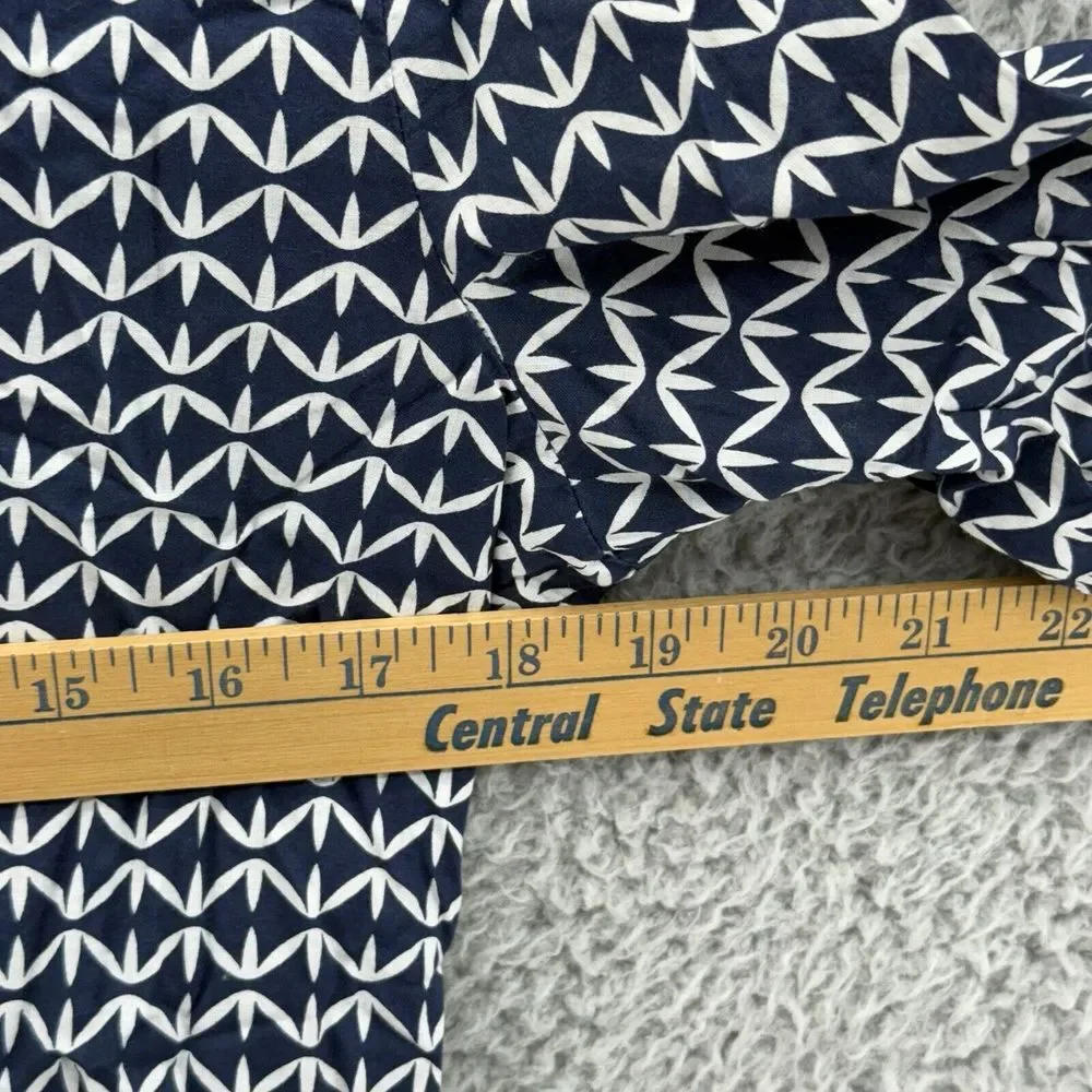 J Crew Womens Small Retro Boho Geometric V-Neck Tunic 3/4 Sleeves Navy White‎
